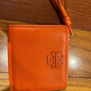 Tory Burch Bright Orange Leather Zip Around Wallet with Tassel